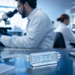 Pesquisadores analisam dispositivo microfluídico em laboratório de biotecnologia
