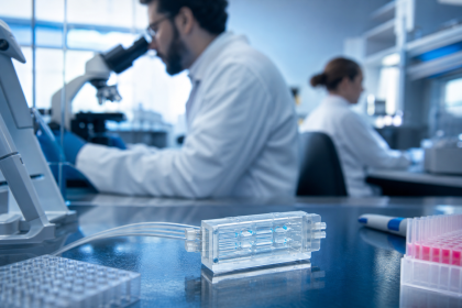 Pesquisadores analisam dispositivo microfluídico em laboratório de biotecnologia