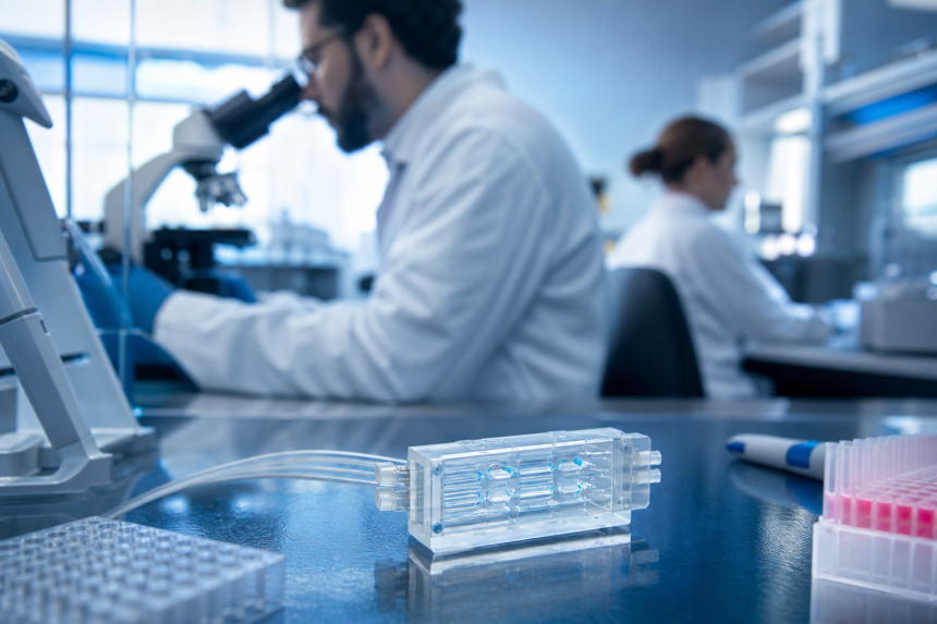 Pesquisadores analisam dispositivo microfluídico em laboratório de biotecnologia